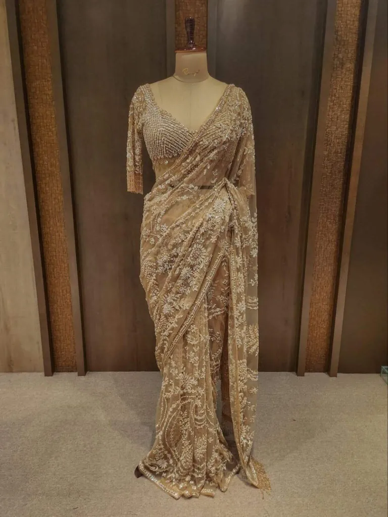 Champagne Golden Heavy Embroidered Net Bridal Saree