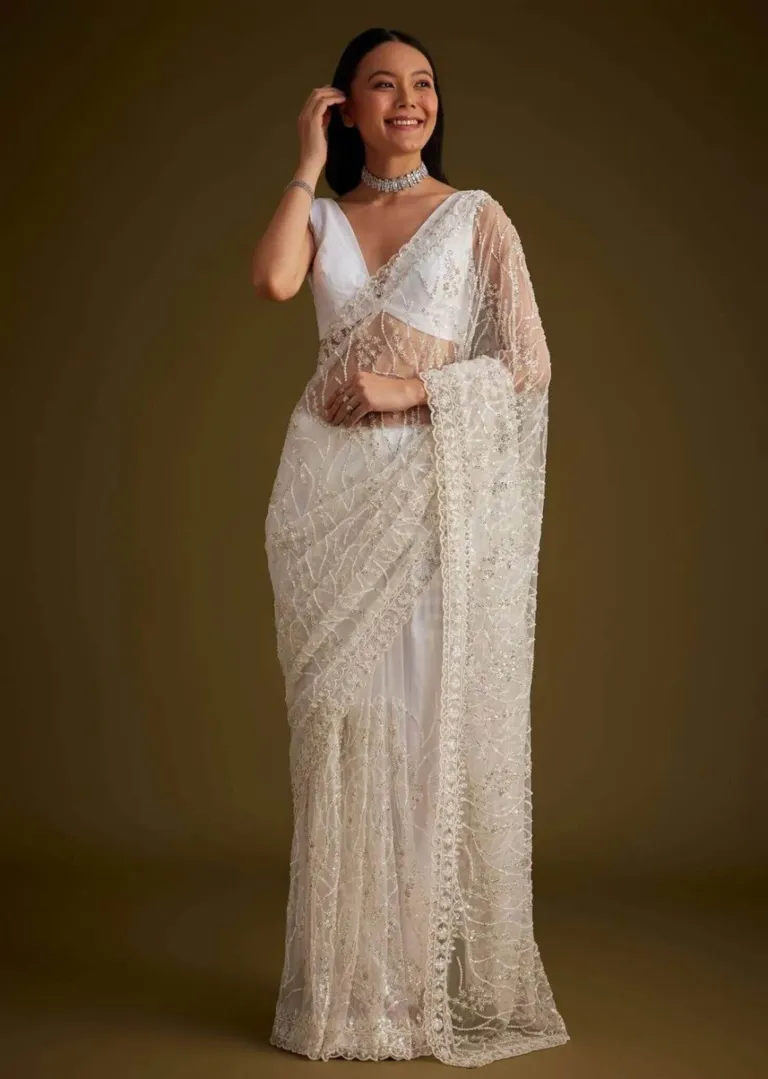 Ivory White Premium Net Sequins and Stones Embroidered Saree