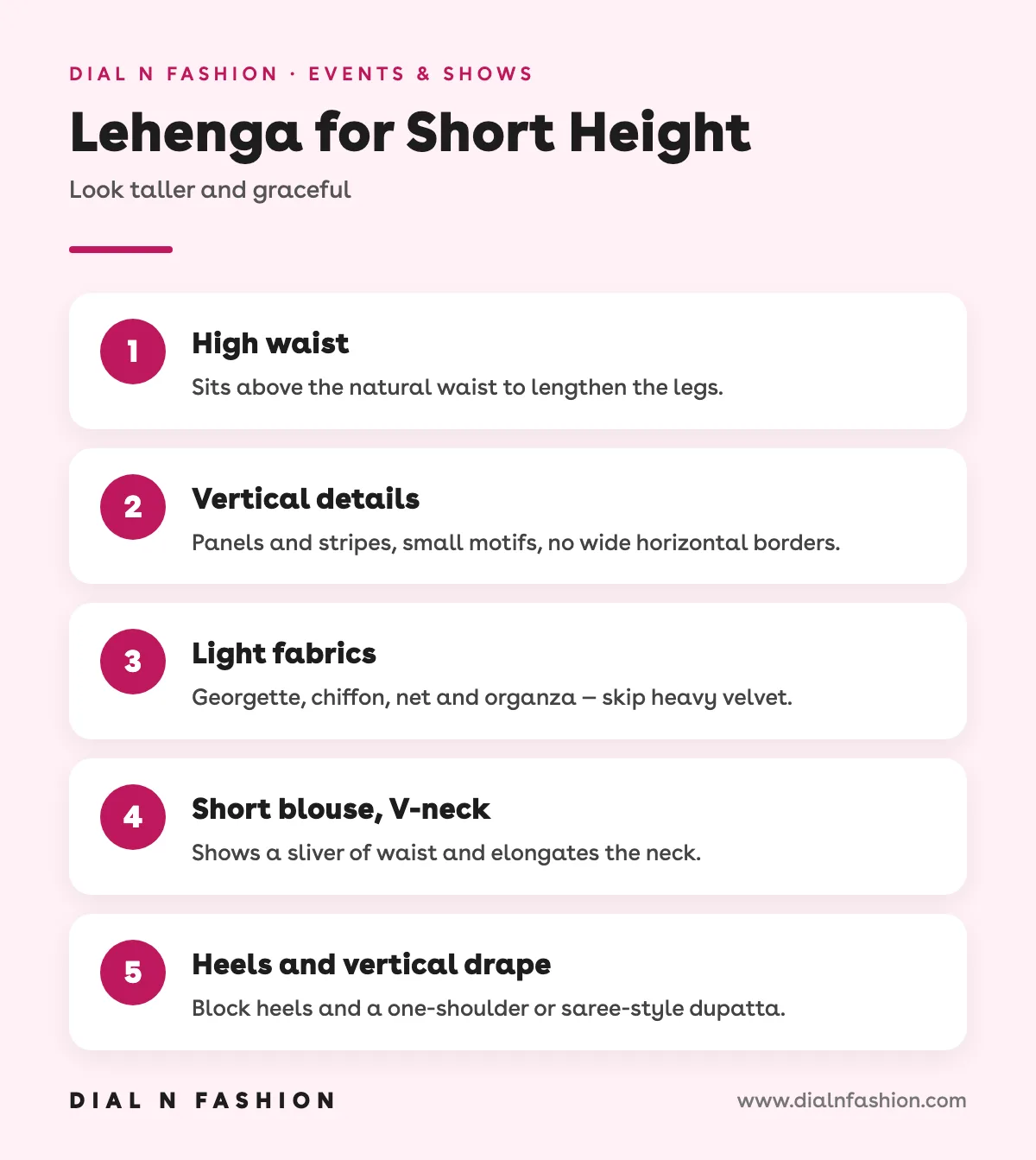 Infographic: lehenga for short height styling tips