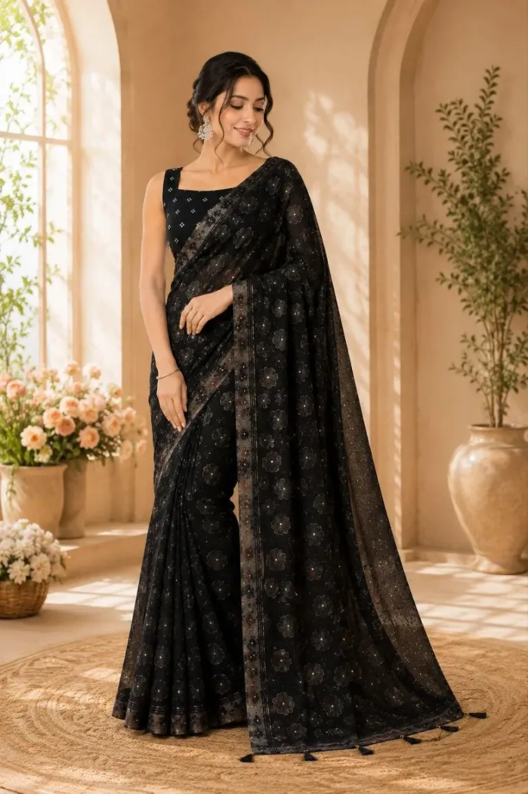 Midnight Black Embroidered Georgette Party Wear Saree