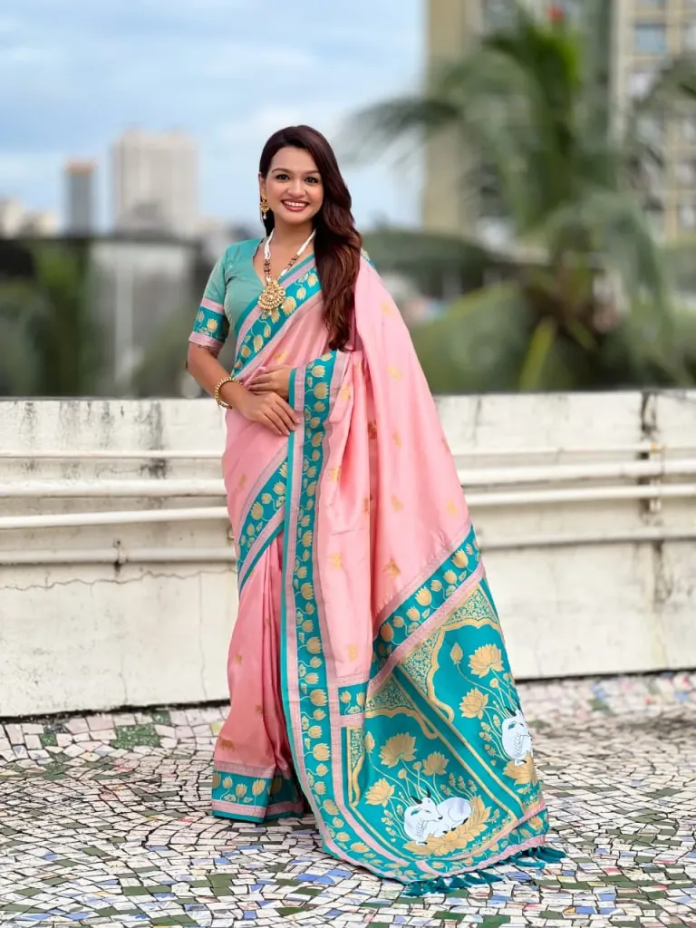 Pastel Pink Pichwai Silk Saree with Rama Green Zari Border