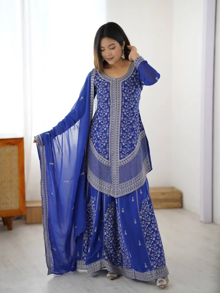 Premium Royal Blue Faux Georgette Sequins Embroidered Kurta Sharara Suit Set