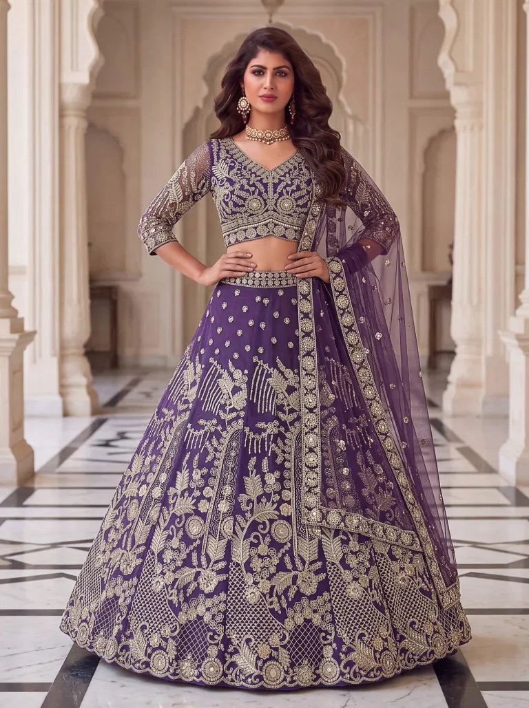 Royal Purple Embroidered Net Wedding Wear Lehenga Choli
