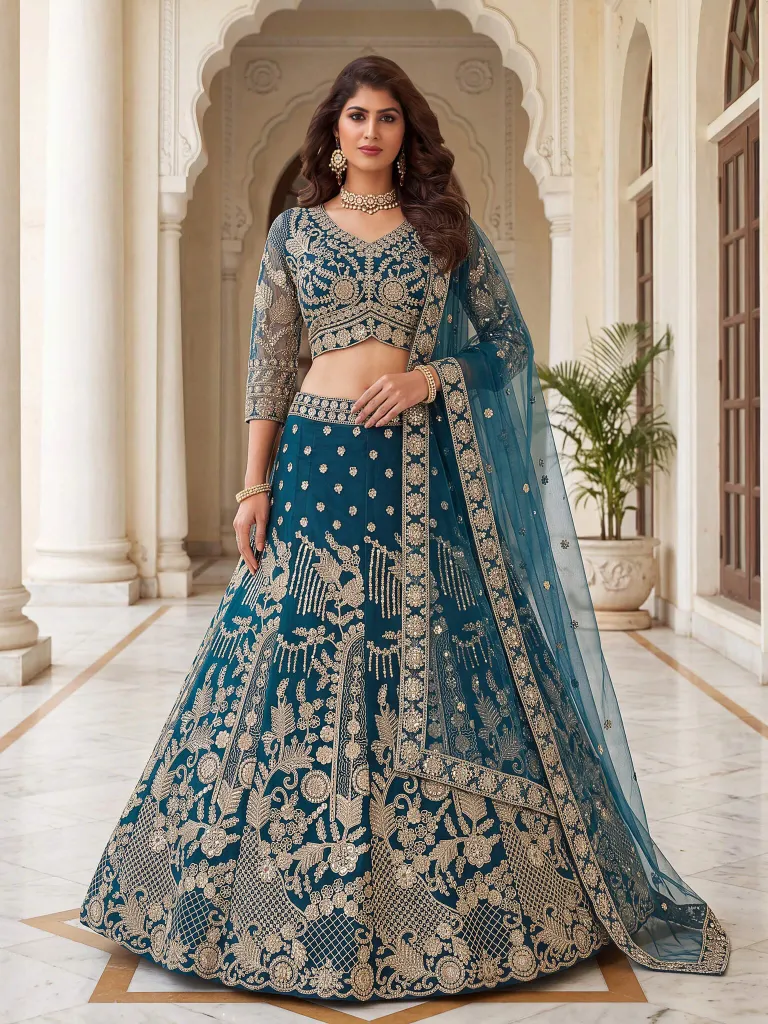 Teal Blue Royal Butterfly Net Embroidered Wedding Lehenga Choli