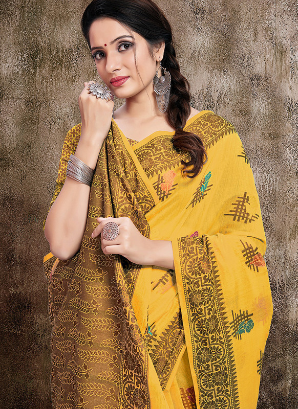 Dial N Fashion Yellow  Designer Party Wear Banarasi Cotton Silk Saree