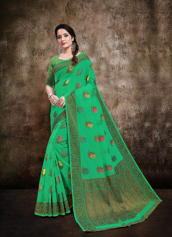 Dial N Fashion Green  Designer Party Wear Banarasi Cotton Silk Saree