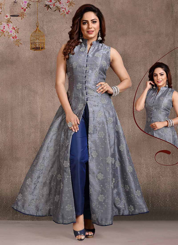 Dial N Fashion Grey  Designer Party Wear Orgenza Beads Indo Weastern Suit