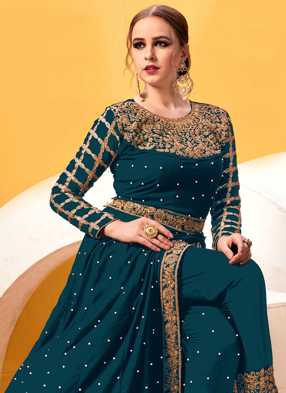 Dial N Fashion Teal Blue Heavy Designer Faux Georgette Pakistani Style Suit