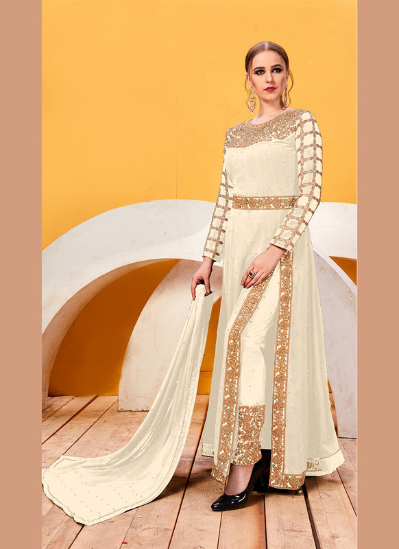 Dial N Fashion Off White Heavy Designer Faux Georgette Pakistani Style Suit