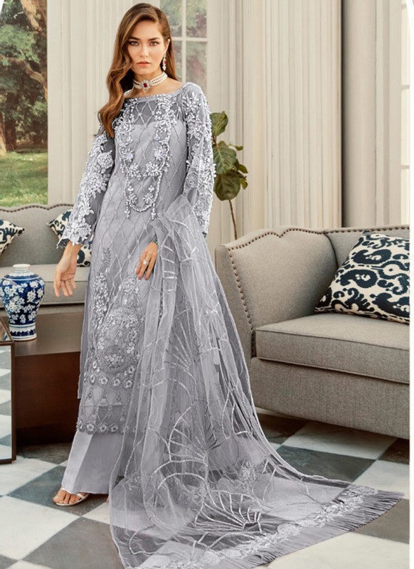 Dial N Fashion Grey Latest Designer Pakistani Style Heavy Net Plazzo Suit