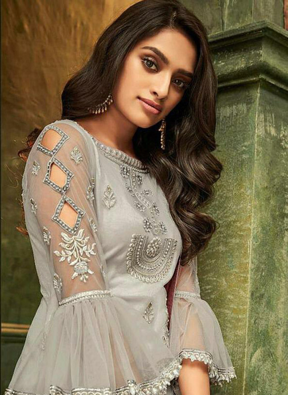 Dial N Fashion Grey Latest Designer Pakistani Style Butterfly Net Suit