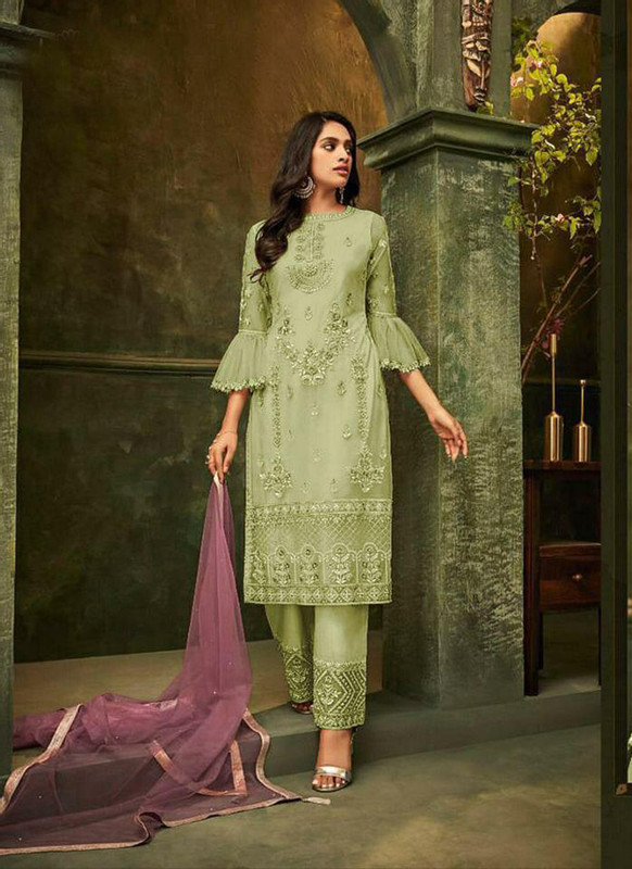 Dial N Fashion Sea Green Latest Designer Pakistani Style Butterfly Net Suit