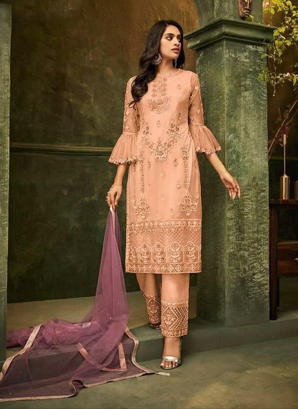 Dial N Fashion Peach Latest Designer Pakistani Style Butterfly Net Suit