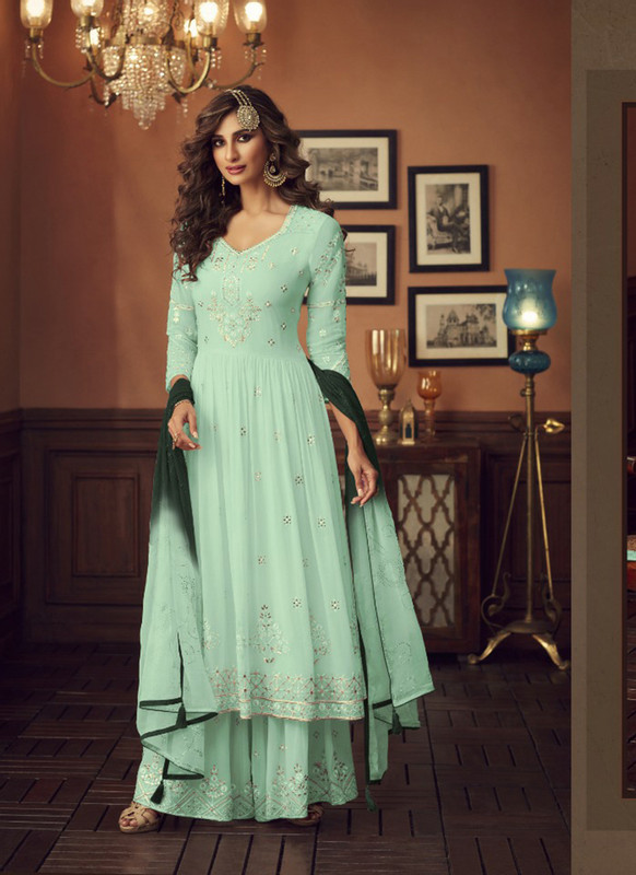 Dial N Fashion Aqua Green Latest Designer Pakistani Style Foux Georgette Plazzo Suit