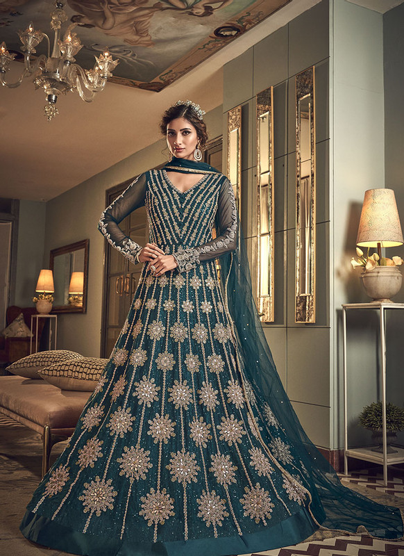 Dial N Fashion Teal Blue Heavy Designer Party Wear Indo Western Suit