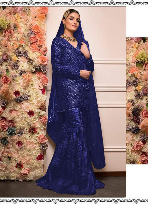 Dial N Fashion Blue Heavy Embroidred Designer Foux Georgette Pakistani Style Sharara Suit
