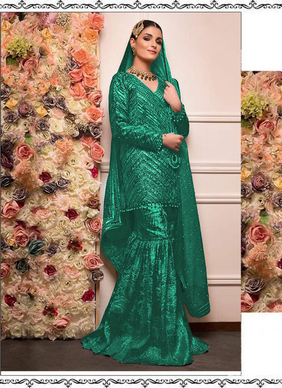 Dial N Fashion Green Heavy Embroidred Designer Foux Georgette Pakistani Style Sharara Suit