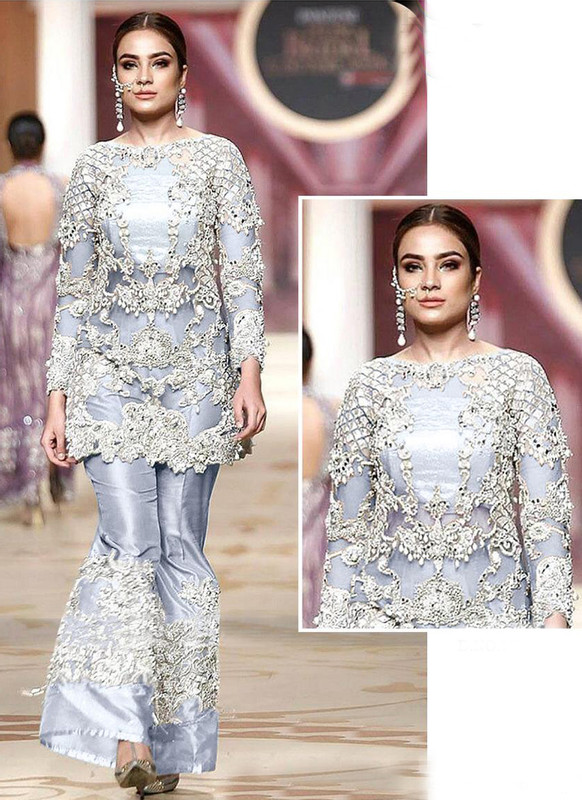 Dial N Fashion Silver Heavy Embroidred Designer Net Pakistani Style Plazzo Suit