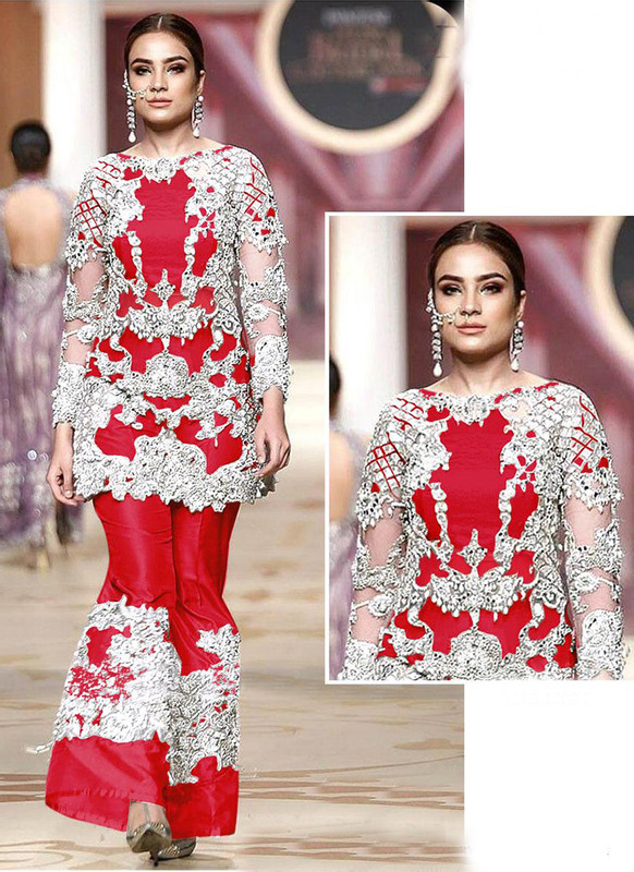 Dial N Fashion Red Heavy Embroidred Designer Net Pakistani Style Plazzo Suit