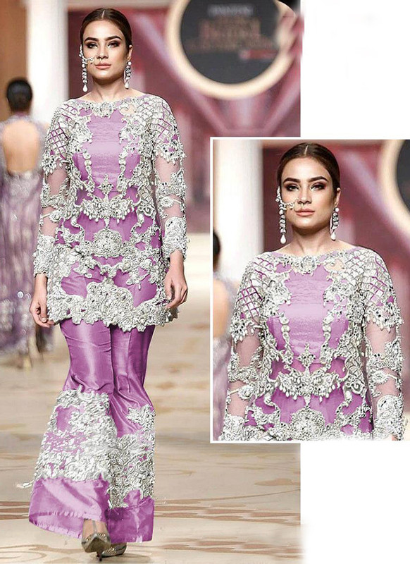 Dial N Fashion Light Purple Heavy Embroidred Designer Net Pakistani Style Plazzo Suit