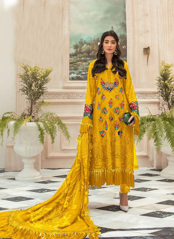Dial N Fashion Yellow Heavy Embroidred Designer Foux Georgette Pakistani Style Suit