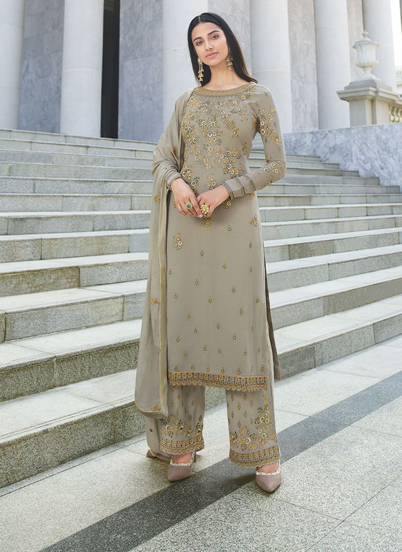 Dial N Fashion Grey Heavy Embroidred Designer Pure Georgette Salwar Suit