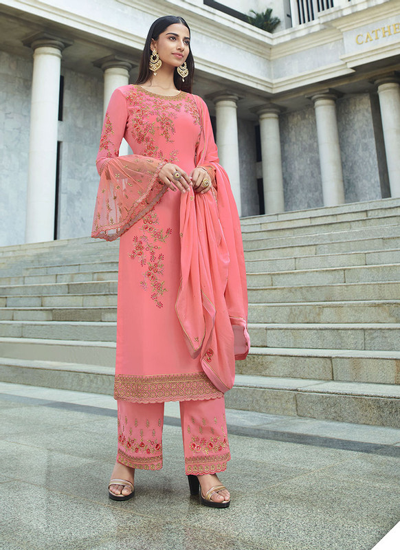 Dial N Fashion Pink Heavy Embroidred Designer Pure Georgette Salwar Suit