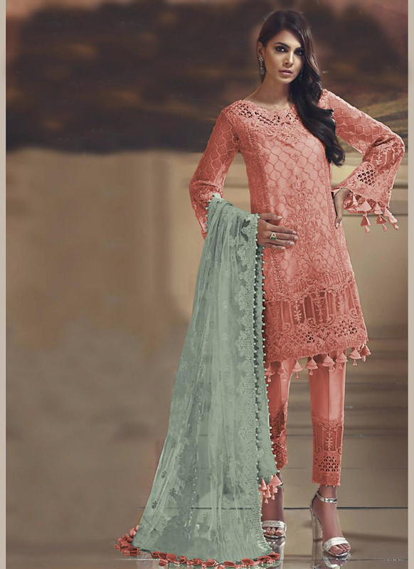 Dial N Fashion Orange Designer Party Wear Tissue Silk Pakistani Style Suit