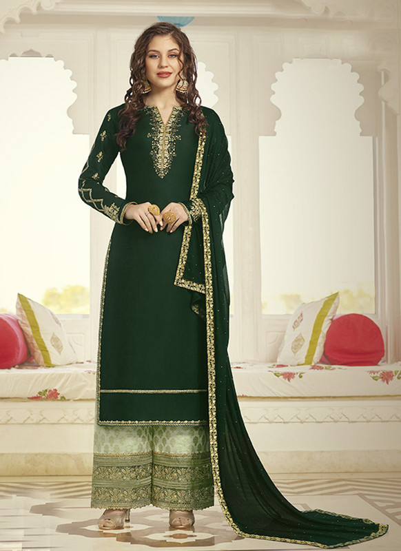 Dial N Fashion Dark Green Designer Party Wear Plazzo Style Salwar Suit