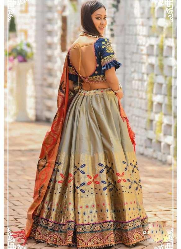 Kessi Peafowl Grey Banarasi Silk Resham Work Designer Lehenga Choli