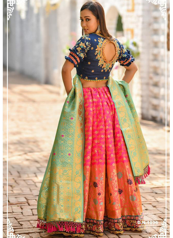 Kessi Peafowl Pink Banarasi Silk Resham Work Designer Lehenga Choli