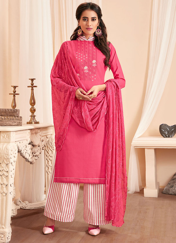 Dial N Fashion Pink Latest Designer Party Wear Soft Cotton Slub Salwar Suit