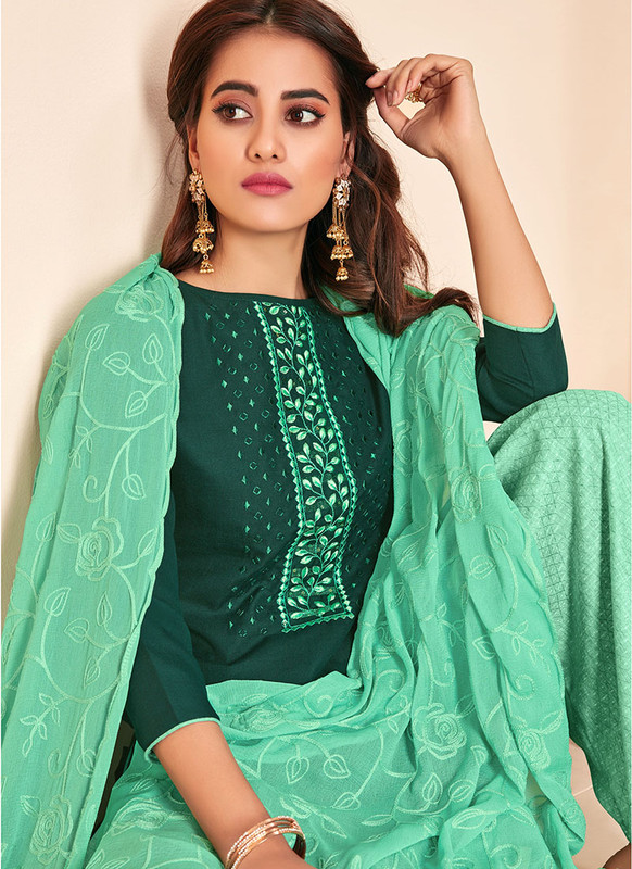 Dial N Fashion Dark Green Latest Designer Party Wear Soft Cotton Slub Salwar Suit