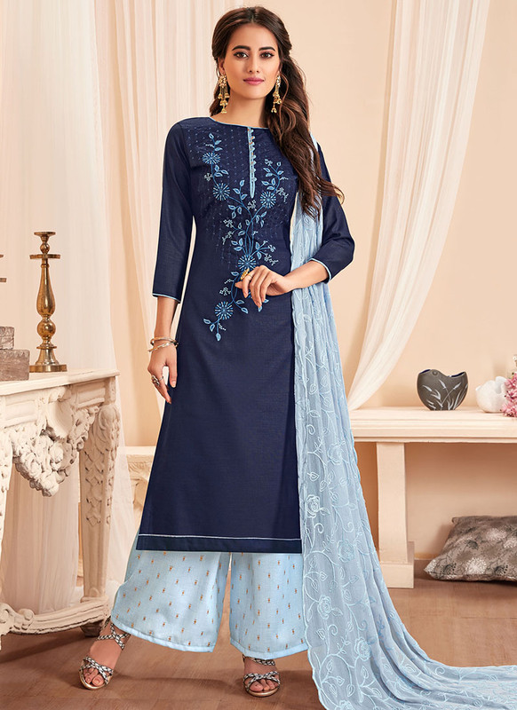 Dial N Fashion Blue Latest Designer Party Wear Soft Cotton Slub Salwar Suit
