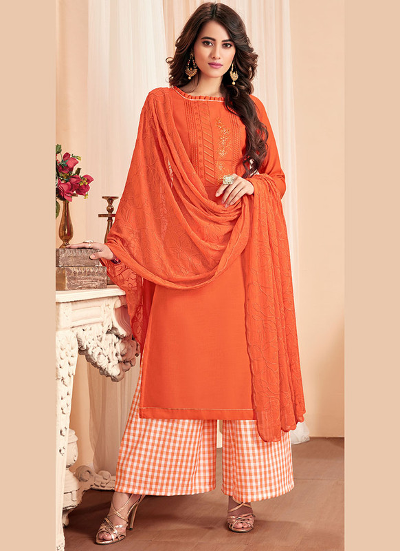 Dial N Fashion Orange Latest Designer Party Wear Soft Cotton Slub Salwar Suit