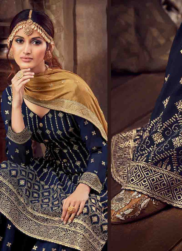 Dial N Fashion Navy Blue Designer Pure Georgette Pakistani Style Sharara Suit