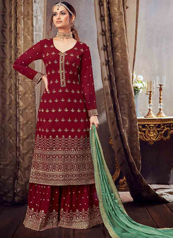 Dial N Fashion Maroon Designer Pure Georgette Pakistani Style Sharara Suit