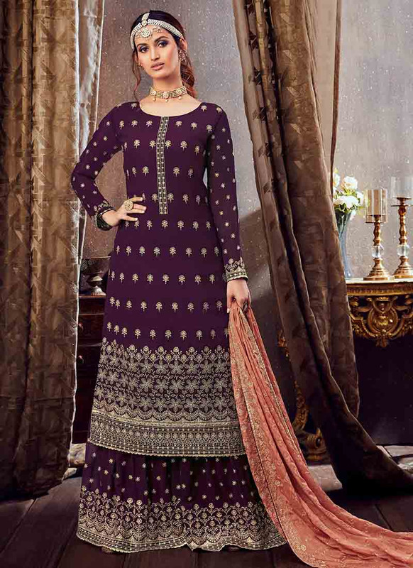 Dial N Fashion Purple Designer Pure Georgette Pakistani Style Sharara Suit