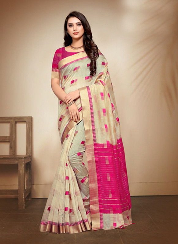 Dial N Fashion Cream Designer Casual Wear Banarasi Cotton Saree