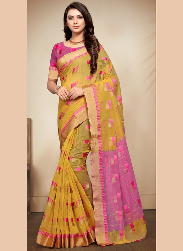Dial N Fashion Musterd Designer Casual Wear Banarasi Cotton Saree