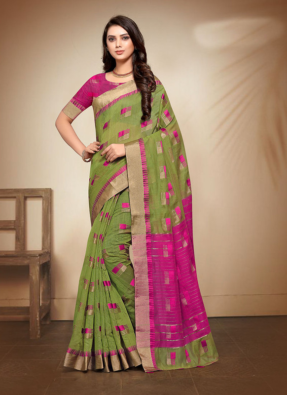 Dial N Fashion Green Designer Casual Wear Banarasi Cotton Saree
