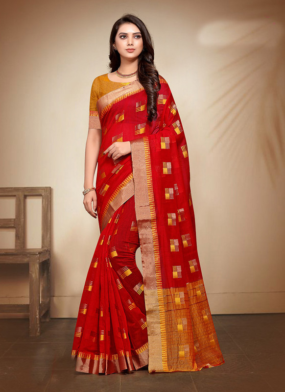 Dial N Fashion Red Designer Casual Wear Banarasi Cotton Saree