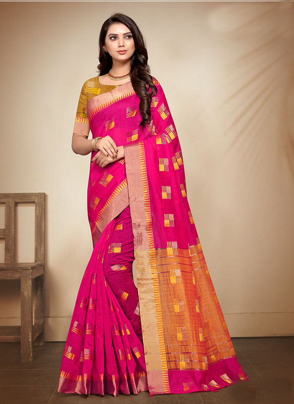 Dial N Fashion Pink Designer Casual Wear Banarasi Cotton Saree