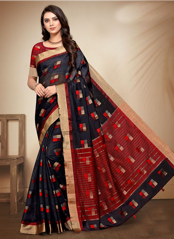 Dial N Fashion Black Designer Casual Wear Banarasi Cotton Saree