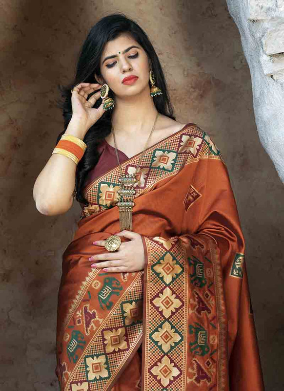 Dial N Fashion Orange Designer Classic Wear Patola Silk Saree