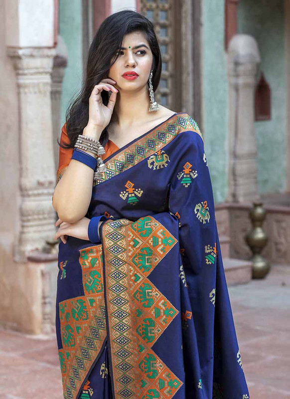 Dial N Fashion Navy Blue Designer Classic Wear Patola Silk Saree