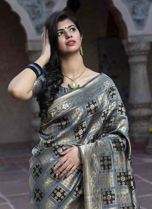 Dial N Fashion Grey Designer Classic Wear Banarasi Silk Saree