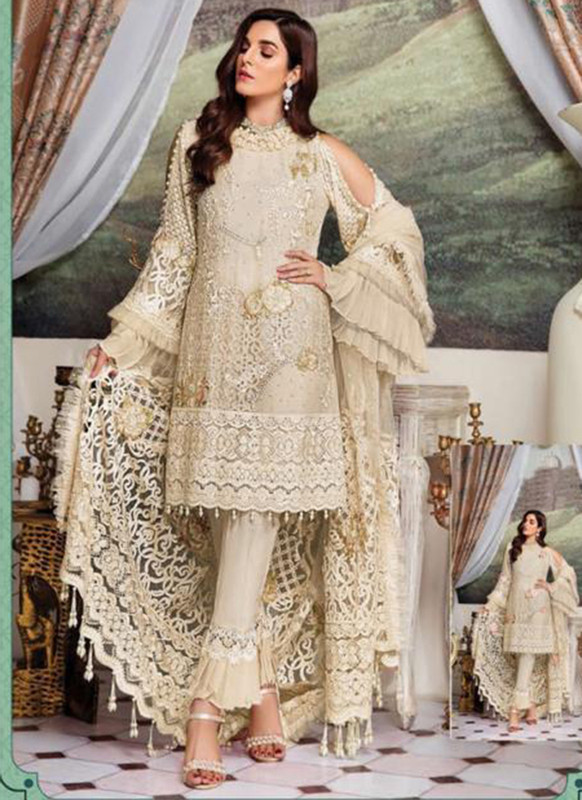 Dial N Fashion Cream Heavy Embroidred Designer Foux Georgette Pakistani Style Suit