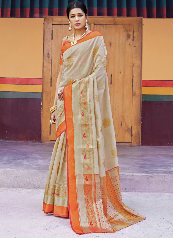 Cream Handloom Silk Designer Saree Karuna