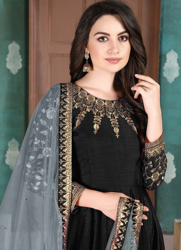 Twisha Aanaya Black Color Adda Silk Designer Party Wear Anarkali Salwar Kameez